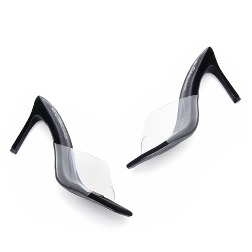 Image of Shoe Land Melrose Women's High Heels Stiletto Heeled Slides, Square Open Toe One Band Slip-On Heeled Mules - Dressy Clear Heeled Sandals for Prom Party Wedding and Vacation