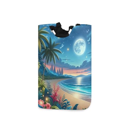 Jihqo Laundry Hamper Basket Tropical Beach Moonnight Collapsible Nursery Storage Bin Waterproof Clothing Baskets for Home Bedroom Bathroom Washing Room