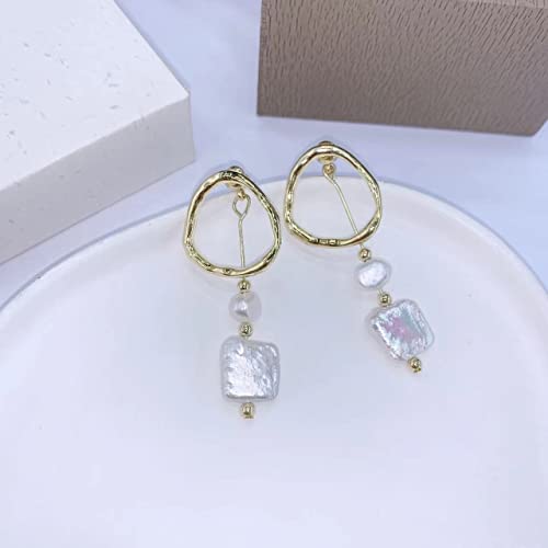 Baroque Natural Square And Round Pearl Combination Earrings, Irregular Geometric Metal Studs, Detachable Simultaneously Boasts 2 Pairs,S925 Silver Needle, Plated 18K Gold #TOP4