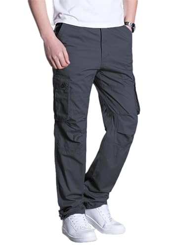 iMackky Men's Elastic Waist Cargo Pants Casual Relaxed Fit Pants Tactical Hiking Pants Lightweight Multi Pockets Dark Grey 30