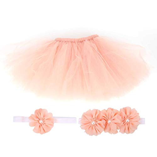 Falda de tutú para bebé niña, Falda de recién Nacido Diadema Envuelta en el Pecho Conjunto de Falda para fotografía de recién Nacido Accesorio Vestido de Baile de Ballet con Diadema de Flores(Rosado)