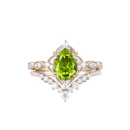 1.5ct Pear Shaped Gemstone Engagement Rings for Women 10K 14K 18K White Yellow Rose Gold Gemstone Wedding Ring Set Bridal Set 2pcs Vintage Inspired V Shaped Wedding Band Anniversary3