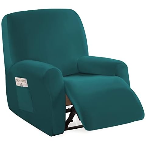 LiveGo Jacquard Recliner Chair Covers, Stretch Polyester Spandex Recliner Cover 4 Pieces, Reclining Chair Cover with Elastic Side Pocket, Armchair Cover for Living Room (Emerald) Cover