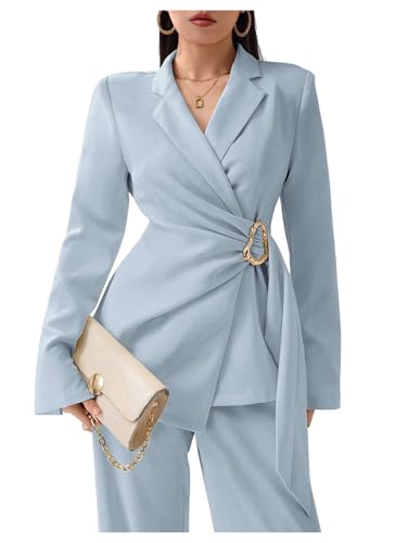 SOLY HUX Women's Long Sleeve Wrap Blazer Lapel Collar Metal Decor Work Office Business Casual Jacket