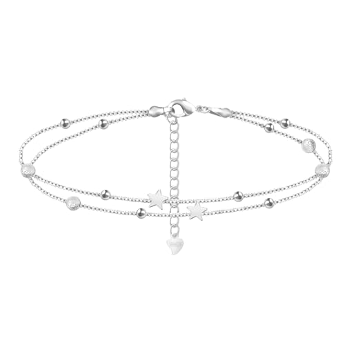 Image of Silver Ankle Bracelets for Women, Butterfly /Stars Cute Charm Anklet, 14K Gold Plated Layered Chain Anklets for Women Teen Girls