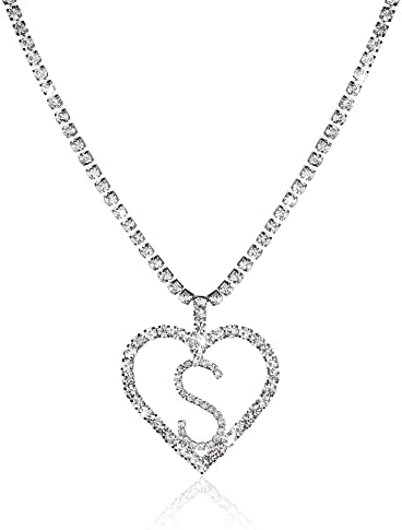 CISEI Initial Heart Pendant Necklace - Crystal Silver Plated Cubic Zirconia Adjustable Dainty Personalized Alphabet Letter Pendant Necklaces Jewelry Gift for Women and Girls (S, Silver)