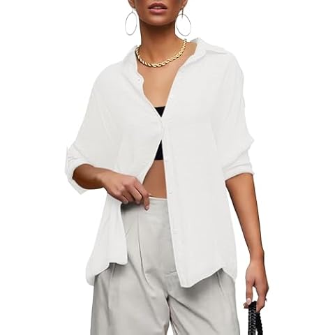 AISEW Womens Button Down V Neck Collared Shirts Dressy Casual Long Sleeve Roll Up Blouses Loose Cover Ups Tunic Tops (White, 7005S) Cover