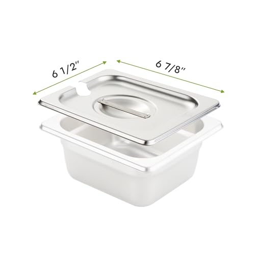 HECMAC 6-Pack 1/6 Size Notched Hotel Pan Cover, Heavy Duty, Stainless Steel Solid Steam Table Catering Food Pan Lid with Handle - Thumbnail 2