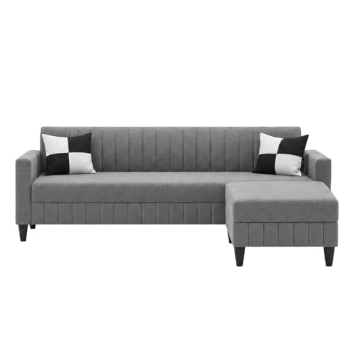 Image of FURNY Gracina 4 Seater L Shape Sofa Set with Movable Ottoman | Flexible Left or Right Layout | Plush Velvet Fabric (Dark Grey) | Perfect for Living Room, Guest Room & Office