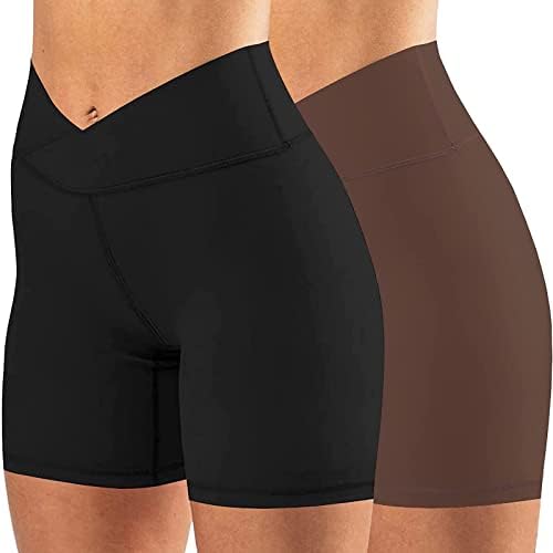 Womens Biker Yoga Shorts Crossover Summer 5" Inseam Workout Athletic Running Gym Short Girls 2 Pack Black/Brown,Large