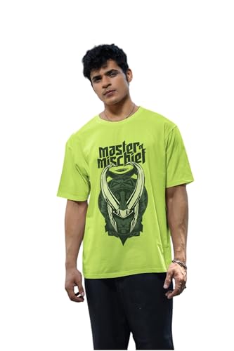 Image of SYOM Men's Oversized Graphic T-Shirt - Half Sleeve, Round Neck, Cotton-Blend Drop Shoulder Tee with inchLoki inch Logo & inchMaster Mischief inch Print