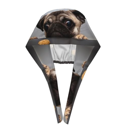 Image of Cute Pug Dog Print Working Cap Scrub Cap with Sweatband,Adjustable Fashion Bandage Tie Back Hat Headwear for Women Men