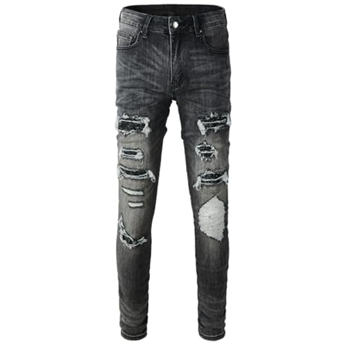 Jeans Pants Trousers Denim Men Stretch Slim Fit Street Trendy Piercing Worn Hole Hairy Retro Set Zircon Shining Casual Small Leg(Grey,31)