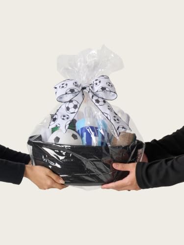 Image of Small Woven Gift Basket Empty with Bag & Ribbon, Storage Basket for Father's Day for Dad, Baby Shower, Raffle, Birthday, Cute Organizer with Handles, 12 inchx8 inchx5 inch, Black /Soccer