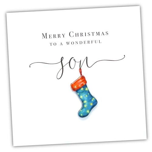 Handmade Christmas Card for Son - Red & Blue 3D Xmas Stocking Cards for Wonderful Sons with Envelope