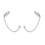 Cuff Hoop Halo CZ Stud Chain Climber Crawler Earrings for Women Cartilage Double Holes S925 Sterling Silver Hypoallergenic Fashion Personalized Small Huggie Hoops Gifts Bff (CZ Silver)