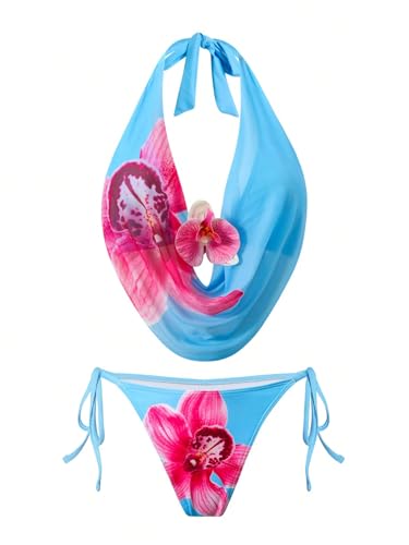 Image of ZAFUL Women's 3 Piece Floral Swimsuit Draped Neck Halter Bikini Tie Side Bathing Suit with Sheer Cover Up Skirt