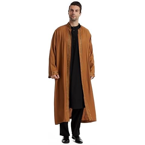 GladThink Muslim Arab Men Thobe Embroidery Thawb Caftan Dishdasha Calf Length Camel L Cover