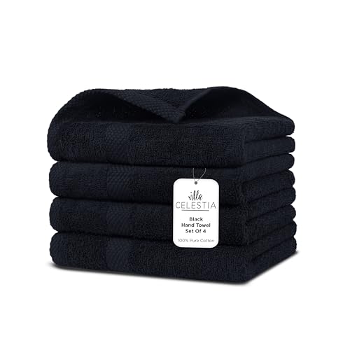 Image of Villa Celestia Cotton Hand Towels Set of 4, 16 x 28, Oeko-TEX Certified, Quick Dry, Black