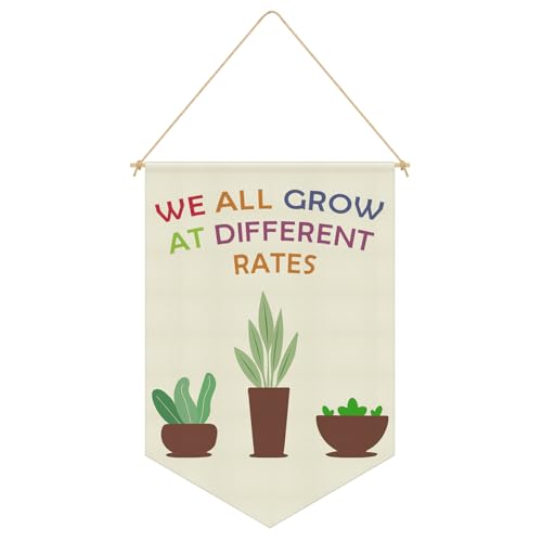 Boho Classroom Decorations Playroom Wall Decor Hanging Pennant Flag Banner Kids Room Decor Nature Plant Education Wall Art for Kids We All Grow at Different Rates Linen Cotton Flag