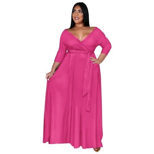 Image of Nmoder Plus Size Maxi Dress for Women - Summer Casual 3 /4 Sleeve Floral Flowy Long Dress with Belt XL- 6XL