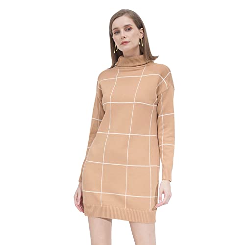CHICWISH Women s Comfy Casual Tan White Contract Grid Turtleneck Knit Pullover Sweater Dress