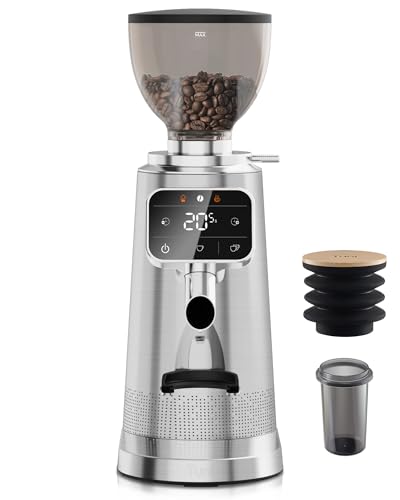 Image of Tuni G3 64mm Flat Burr Coffee Grinder, 100 Grind Settings Electric Espresso Grinder with Single Dose Set | Commercial Grade Precision, Touchscreen | Anti-Static Tech | Stainless Steel (Silver)
