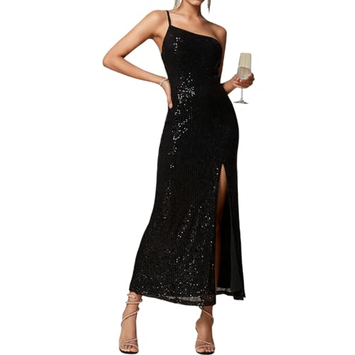 Homecoming Dresses 2025 Women's Black Prom Formal Ball Gown One Shoulder Evening Sequin Sparkly Cocktail Long Dress