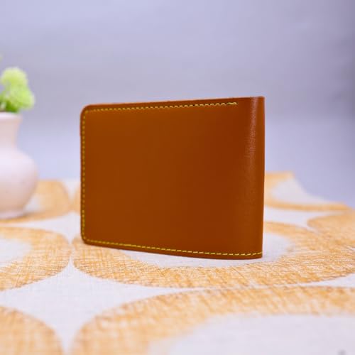 Image of Teak Wood Customized Leather Wallet Pen Keychain Gift Set for Men with Name, Personalized Brown Purse Combo, Stylish Gift for Husband, Boyfriend - Mens Wallets, Wallets for Man, Men Wallet (Orange)