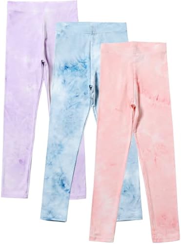 ZMTTO 3 Pack Girls Printed Leggings Yoga Pants for Kids Basic Full Length Leggings Girls Stretchy Tie-Dyed Pants