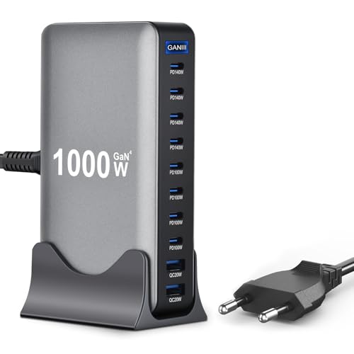 Wowfast 1000 W USB C Cargador múltiple – 10 puertos Cargador rápido Gan 4 Max 140 W PD3.1/QC20W Laptop Power Base de carga (8 USB C y 2 USB‑A) para MacBook Air, i-Pad, iPh0ne 17/16/15, Galaxy S25, HP
