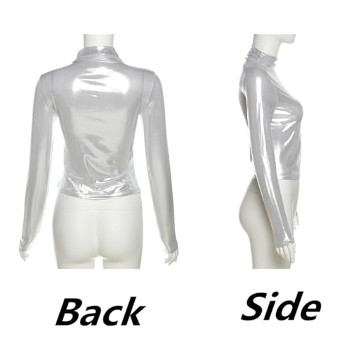 Damen Langarm Glänzende Oberteile, Metallic Flüssigkeits Rollkragenoberteile mit Stehkragen, schmal geschnittene, lässige Pullover Tunika für Clubwear, solide T Shirt Bluse Lederoptik Party Tanktops