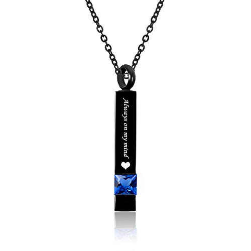 YSAHan Black Rectangle Cube Bar Urn Necklace with 12 Birthstone Memorial Ashes Keepsake Pendant Cremation Jewelry-Always on My Mind Forever in My Heart