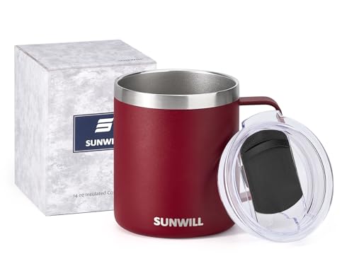 Image of SUNWILL Travel Coffee Mug with Lid, Insulated Tumbler with Handle, 14 oz Stainless Steel Cup for Ice, Water, Tea, Powder Coated Wine Red