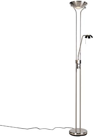 Qazqa - Steel I Nickel Matt I Satin Floor lamp with Reading lamp incl. LED and dimmer - Diva 2- - Modern | Light - Steel Floor lamp - Suitable for Living Room I Bedroom I