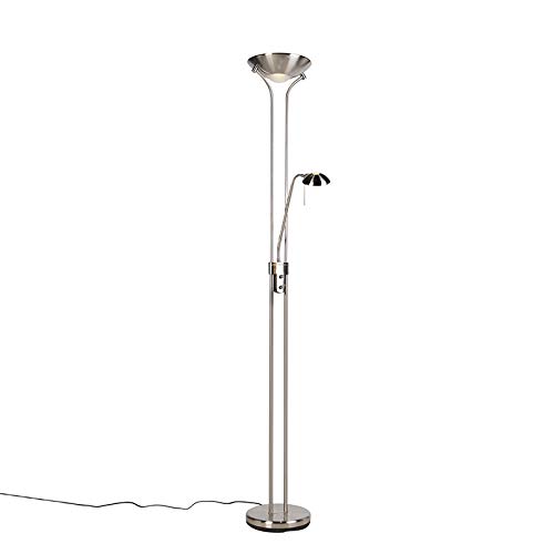 QAZQA Modern Stehleuchte/Stehlampe/Standleuchte/Lampe/Leuchte aus Stahl/Silber/nickel matt mit Leseleuchte inkl. LED und Dimmer - Diva 2 Dimmer/Dimmbar/Innenbeleuchtung/Wohnzimmerlam