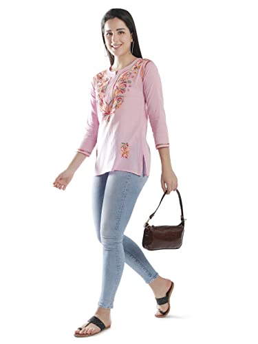 Image of Seva Chikan Hand Embroidered Lucknowi Chikankari Cotton Short Kurti Tunic Top for Women SCL4076