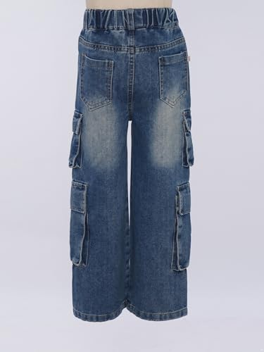 Kids Girls Cargo Jeans Elastic High Waist Baggy Trousers Straight Wide Leg Denim Pants with Flap Pockets4