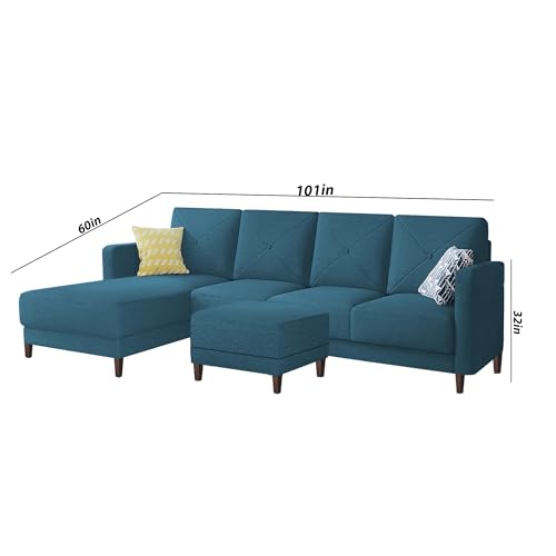 Image of Baloney LHS 6 Seater L Shape Sofa Set with Center Table for Living Room (Turquise Fabric) Premium Fabric Sofa