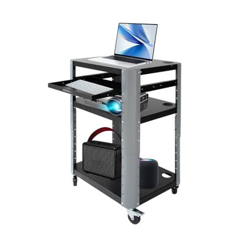 biosp Rolling AV Presentation Cart with Power Strip, Mobile Metal Media Cart with Adjustable Shelves, Heavy Duty Storage Utility Cart with Wheels for Computer, Video Projector, TV, Printer, Black