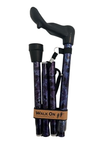 Image of Folding Walking Stick, Arthritis Support Aid With Ergonomic Handle, Various Patterns (Purple Marble, Standard, Right Hand)