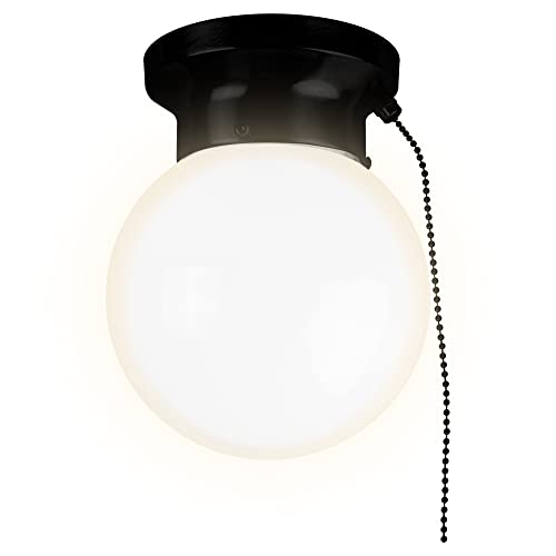Ultralux 6´´ Utility LED Glass Flush Mount with Pull Chain - Globe Light Fixture - 500 Lumens 3000K Light Fixture for Closet, Pantry, Shed, Laundry Room - ETL-Certified (Matte Black, 1-Pack)