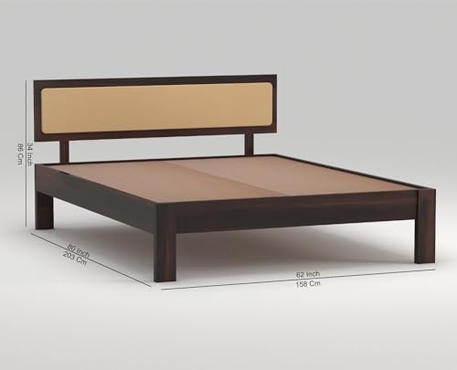 Image of Wooden Queen Size Bed for Bedroom | Wooden Double Bed | Platform Cot Bed with Upholstered Cushioned Headboard | 6.5 x 6 Ft | Sheesham Solid Wood, Walnut Finish