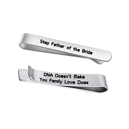FEELMEM Step Father of The Bride Gifts Stepdad Wedding Gift DNA Doesn't Make You Family Love Does Stainless Steel Tie Clips Gift for Stepfather from Bride (Silver)