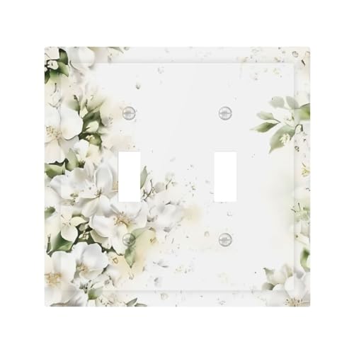 Decorative Switch Plate Covers Rustic Ink Green Leaves White Florals Flower 2 Gang Light Switch Cover Plate Unique Double Toggle Wall Plate Light Switch Covers for Bedroom Decor