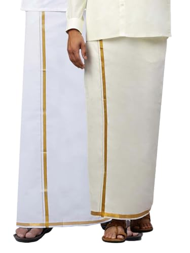 Image of RAMRAJ COTTON Men Cotton Single layer Dhoti With Gold Jari Border (Pack of 2)