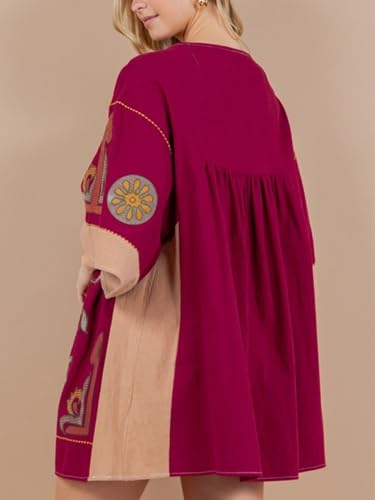 Image of Joiemont Womens Oversized Embroidered Dress with V-Neck and 3 /4 Sleeves Vintage Embroidery Babydoll Dress