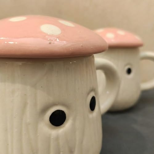 Image of Pink Mushroom Ceramic Mugs with Lid Set of 2 | 300ml Coffee Tea Cups Polka Dot | Microwave Dishwasher Safe | Valentine Couple Gift | Home Decor Kitchen Dining Handmade India