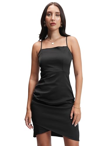 Image of Tokyo Talkies Women's Shoulder Straps Bodycon Short Dress | Chic & Stylish | Ruched | Perfect for Parties, Date Nights & Evening Glam