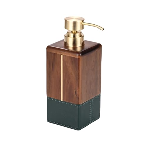 MIHIRO Solid Acacia Wood Soap Dispenser with Gold Zinc Alloy Pump, Retro Leather Copper Accent Bathroom Kitchen Countertop, Wooden Hand Soap Dispenser Walnut Brown(Chestnut)
